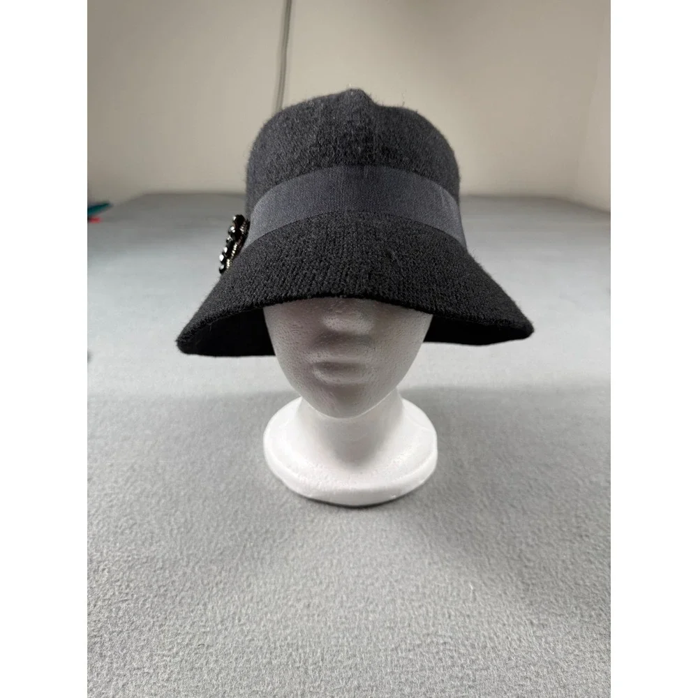 Black Wool Blend Cloche Bucket Hat Rhinestone Floral Accent One Size‎ Vintage